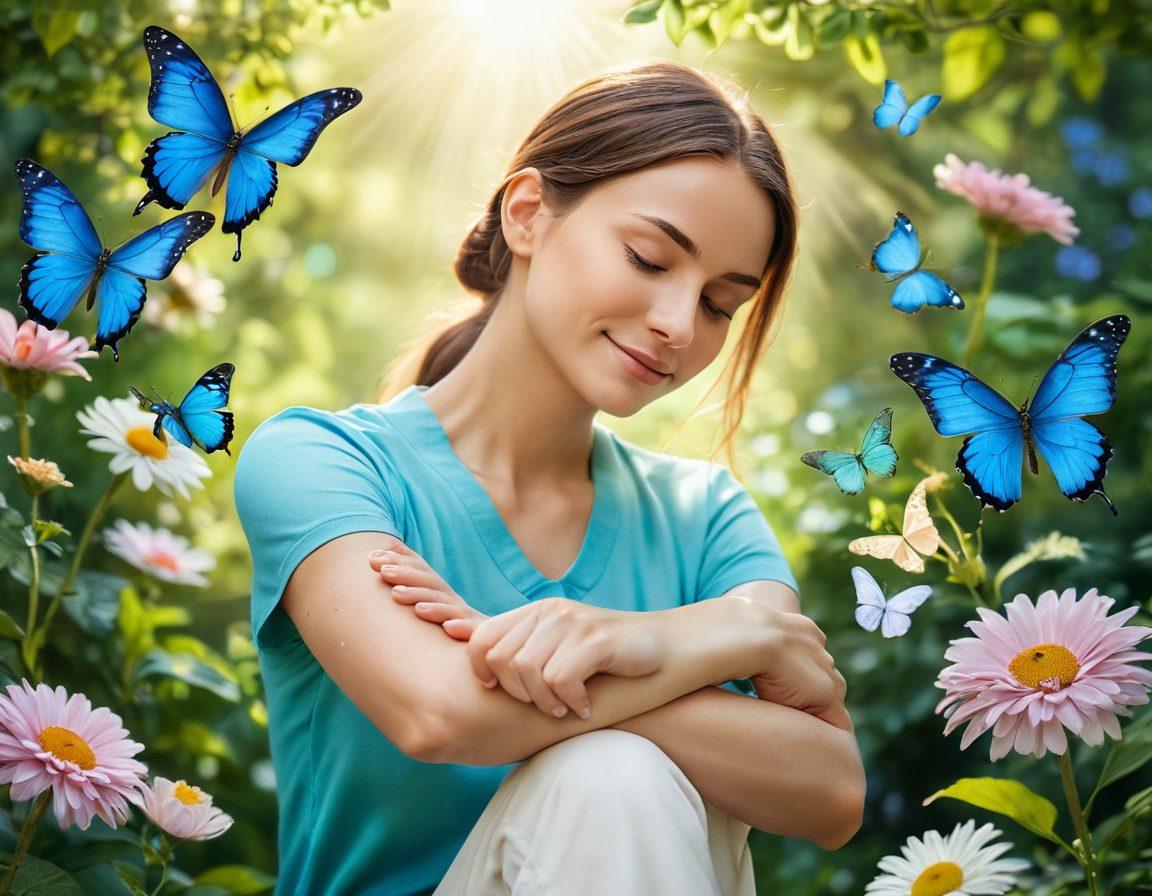 A serene and uplifting scene depicting a cancer survivor embracing wellness, surrounded by symbols of healing like butterflies and blooming flowers. Soft sunlight filters through, representing hope and recovery. A gentle hand holding a supportive friend’s hand in the foreground, signifying emotional support. The colors are calming blues and greens, with vibrant floral accents. super-realistic. soft focus. warm tones.