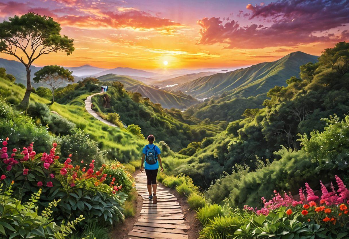 A hopeful scene depicting a person navigating a winding path through a lush landscape, symbolizing their cancer journey. On one side, a supportive community is gathered, holding banners of advocacy, while on the other, bright representations of healthy lifestyle choices, like fruits and exercise gear, are visible. The sky is filled with vibrant hues of sunrise, signifying new beginnings. super-realistic. vibrant colors. serene background.